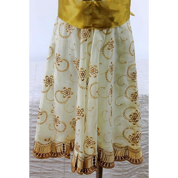 Gold/Cream Girls Dress 5/6 Dance Party Semi-Formal Sash-Belt Ruffled Rhinestones - Picture 3 of 6